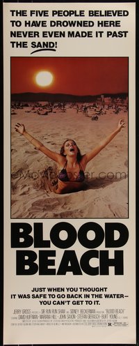 6r0247 BLOOD BEACH insert 1981 Jaws parody tagline, image of sexy girl in bikini sinking in sand!