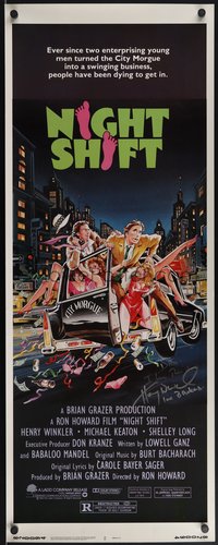 6r0264 NIGHT SHIFT signed insert 1982 by Henry Winkler, hearse art by Mike Hobson, Michael Keaton!
