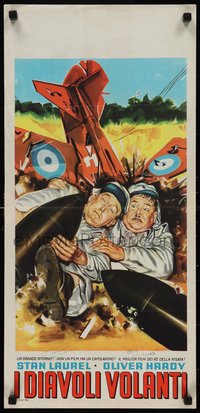 6r0296 FLYING DEUCES Italian locandina R1950s art of Stan Laurel & Oliver Hardy + crashed airplane!