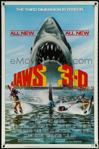6r0775 JAWS 3-D 1sh 1983 Dennis Quaid, great Gary Meyer shark art, the third dimension is terror!
