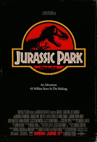 6r0778 JURASSIC PARK advance DS 1sh 1993 Steven Spielberg, logo with T-Rex over red background!