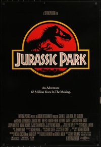 6r0779 JURASSIC PARK int'l 1sh 1993 Steven Spielberg, logo with T-Rex over red background!
