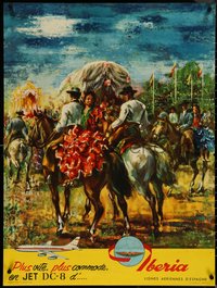 6r0133 IBERIA 27x36 Spanish travel poster 1961 Fret art of people on horses at festival, ultra rare!