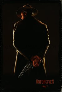 6r0978 UNFORGIVEN teaser DS 1sh 1992 image of gunslinger Clint Eastwood w/back turned, dated design!