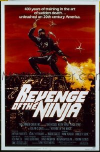 REVENGE OF THE NINJA 1sh '83 cool artwork of ninja throwing weapons in mid-air!