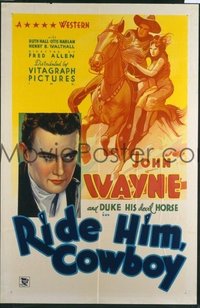 JW 025 RIDE HIM, COWBOY one-sheet movie poster '32 John Wayne stone litho art!