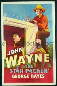 JW 075 STAR PACKER linen one-sheet movie poster R30s John Wayne on stagecoach!