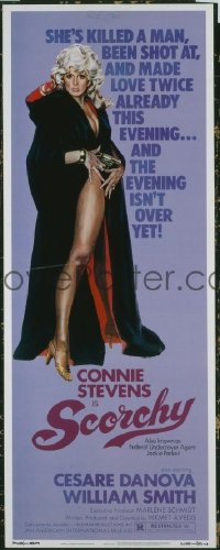SCORCHY insert '76 full-length art of sexiest barely-dressed Connie Stevens in black cape!