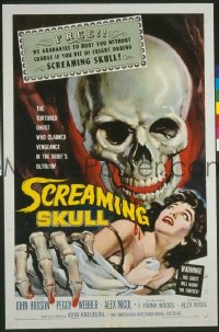 v214 SCREAMING SKULL linen 1sh '58 great horror image!