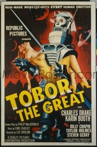 #315 TOBOR THE GREAT linen one-sheet movie poster '54 funky man-made robot!!