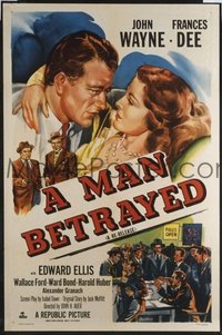 JW 183 MAN BETRAYED one-sheet movie poster R53 John Wayne hugs Frances Dee!