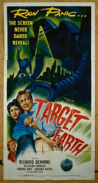 #310 TARGET EARTH three-sheet movie poster '54 cool attacking robots image!!