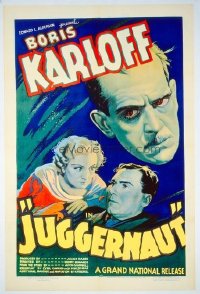 VHP7 093 JUGGERNAUT linen one-sheet movie poster '36 Boris Karloff headshot!