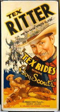 t024 TEX RIDES WITH THE BOY SCOUTS linen three-sheet movie poster '37 Ritter