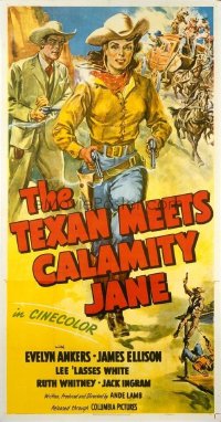 t195 TEXAN MEETS CALAMITY JANE linen three-sheet movie poster '50 Evelyn Ankers