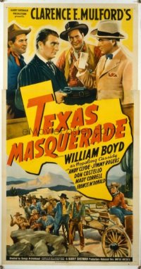 t029 TEXAS MASQUERADE linen three-sheet movie poster '44 Hopalong Cassidy