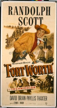 t286 FORT WORTH linen three-sheet movie poster '51 Randolph Scott, Texas!