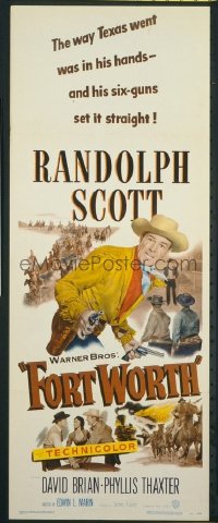 t288 FORT WORTH insert movie poster '51 Randolph Scott, Texas!