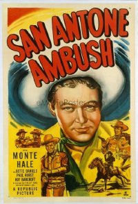 t261 SAN ANTONE AMBUSH linen one-sheet movie poster '49 Monte Hale, Texas!