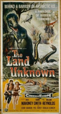 #311 LAND UNKNOWN three-sheet movie poster '57 great dinosaur attack image!!