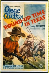 t443 ROUND-UP TIME IN TEXAS linen one-sheet movie poster '37 Gene Autry