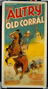 v347 OLD CORRAL linen 3sh '36 Autry on horse w/guitar!