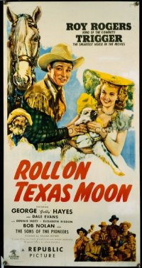 t466 ROLL ON TEXAS MOON linen three-sheet movie poster '46 Roy Rogers, Evans