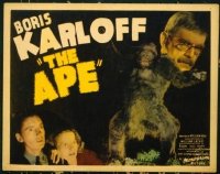 #115 APE title lobby card '40 Boris Karloff, wacky big ape image!!