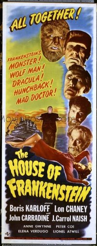 #003 HOUSE OF FRANKENSTEIN insert movie poster '44 Karloff, Chaney!