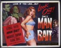 VHP7 449 MAN BAIT linen half-sheet movie poster '52 best bad girl image!